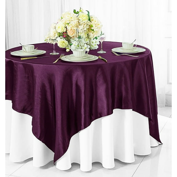 Wedding Linens Inc. 85 inch Square Satin Table Overlay Toppers - Plum
