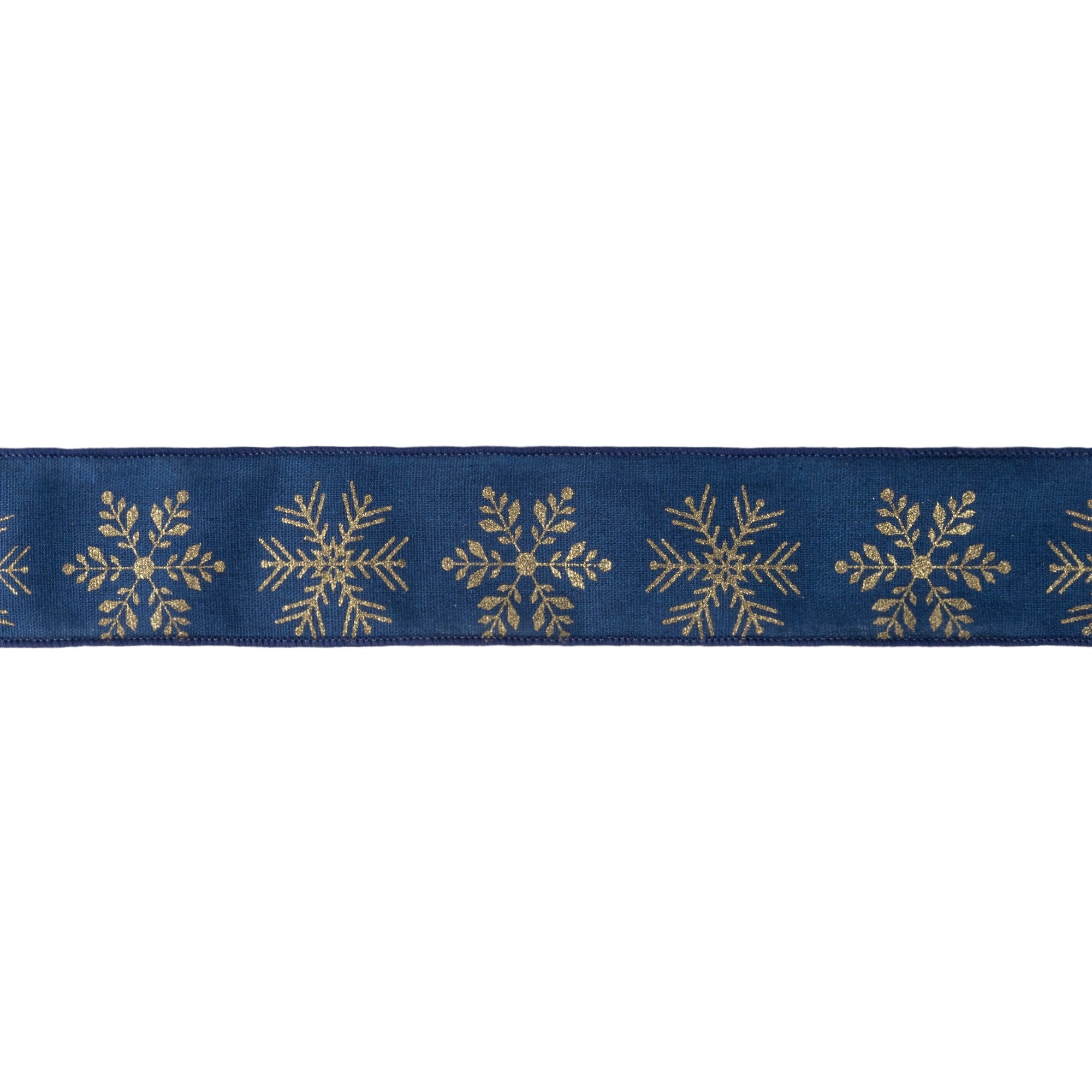 LaRibbons 2 1/2" Faux Linen Wired Ribbon, Blue w/ Gold Stamping Snowflakes, 10 Yard Roll