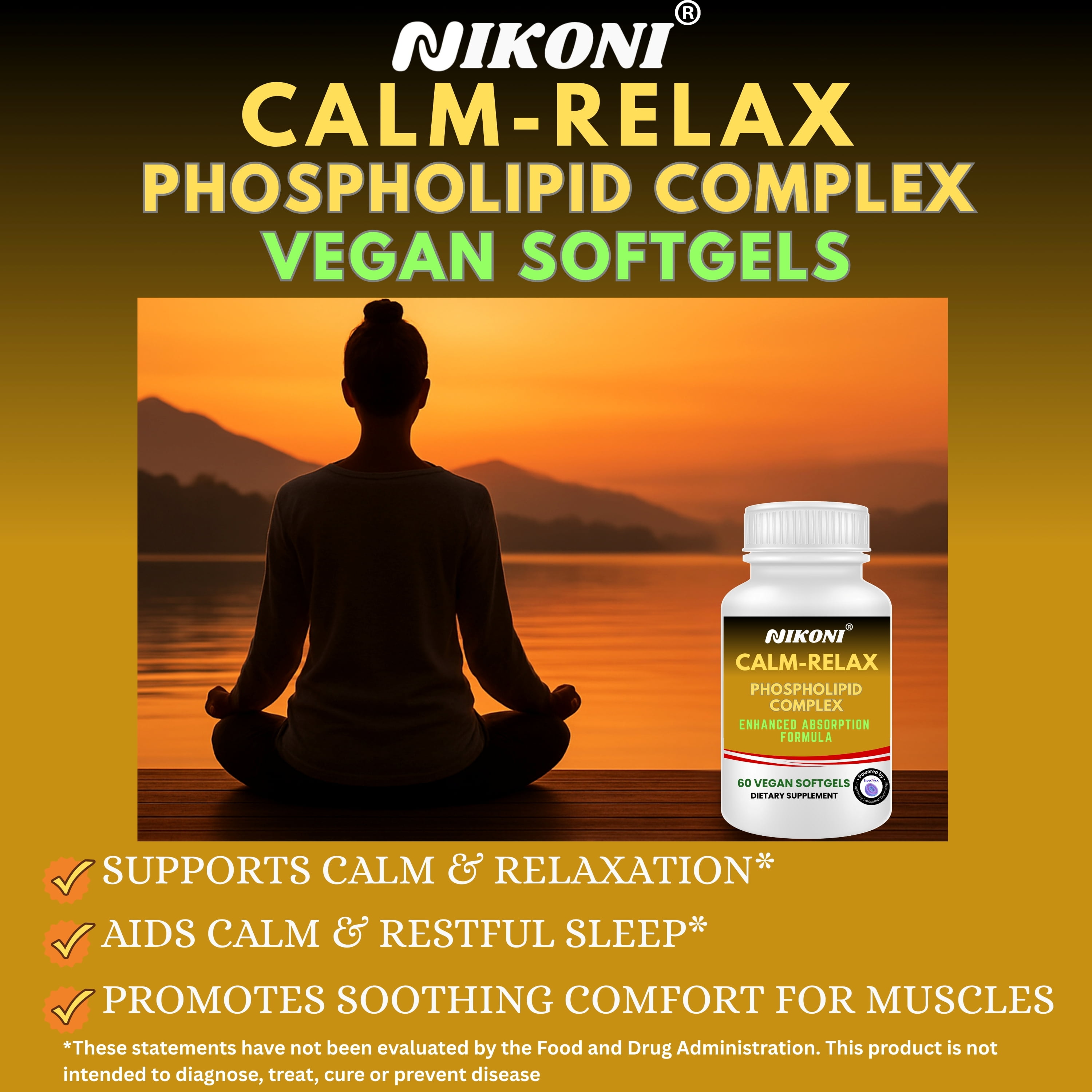 Nikoni Calm Relax Phospholipid Complex Enhanced Absorption Formula Stress Support 60 Vegan Softgels