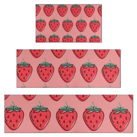 Red Strawberry Plants Fruit Pink Pattern Kitchen Rugs Sets Of 3,Kitchen Runner Rugs Non Skid Washable,Decorative Kitchen Floor Mats for Kitchen,Sink,Laundry,17"x30" 17"x47" 17"x59"