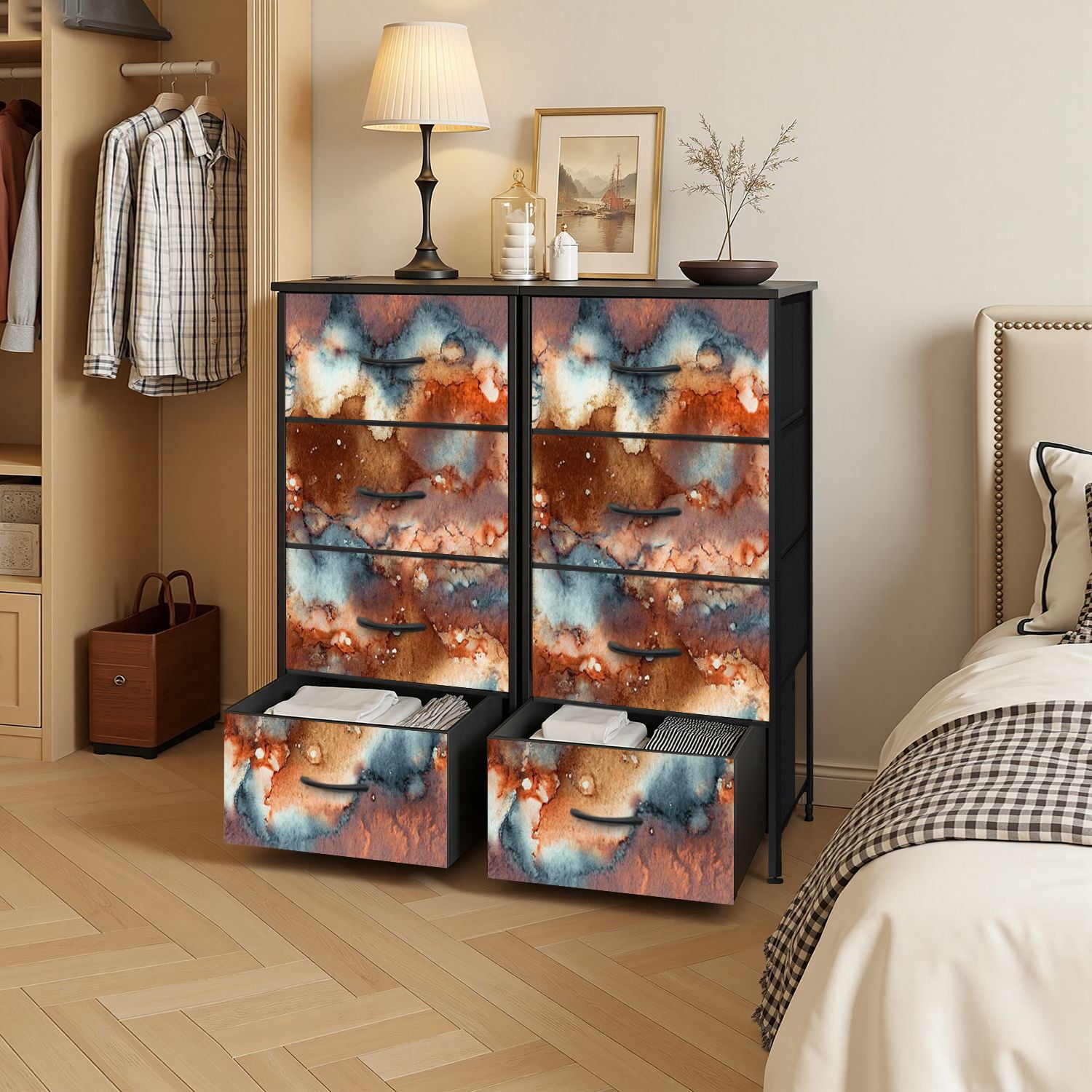 4 Drawer Vertical Storage Dresser Hand watercolor bright abstract stone surface Texture with Wood Top Fabric Pull Drawers