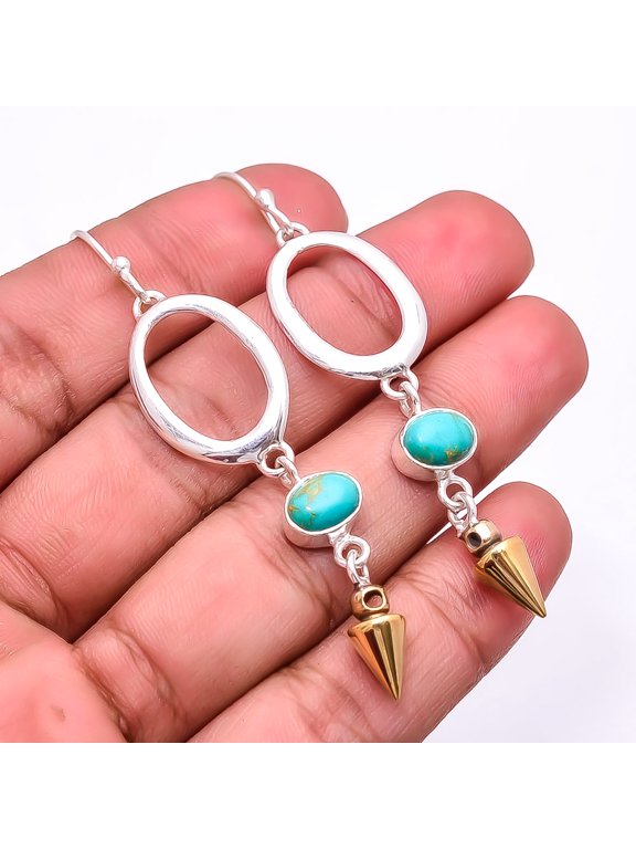 Copper Blue Turquoise 925 Sterling Silver Two Tone Arrow Head Earring 2.73" E44, Handmade Jewelry, Dangle Earring