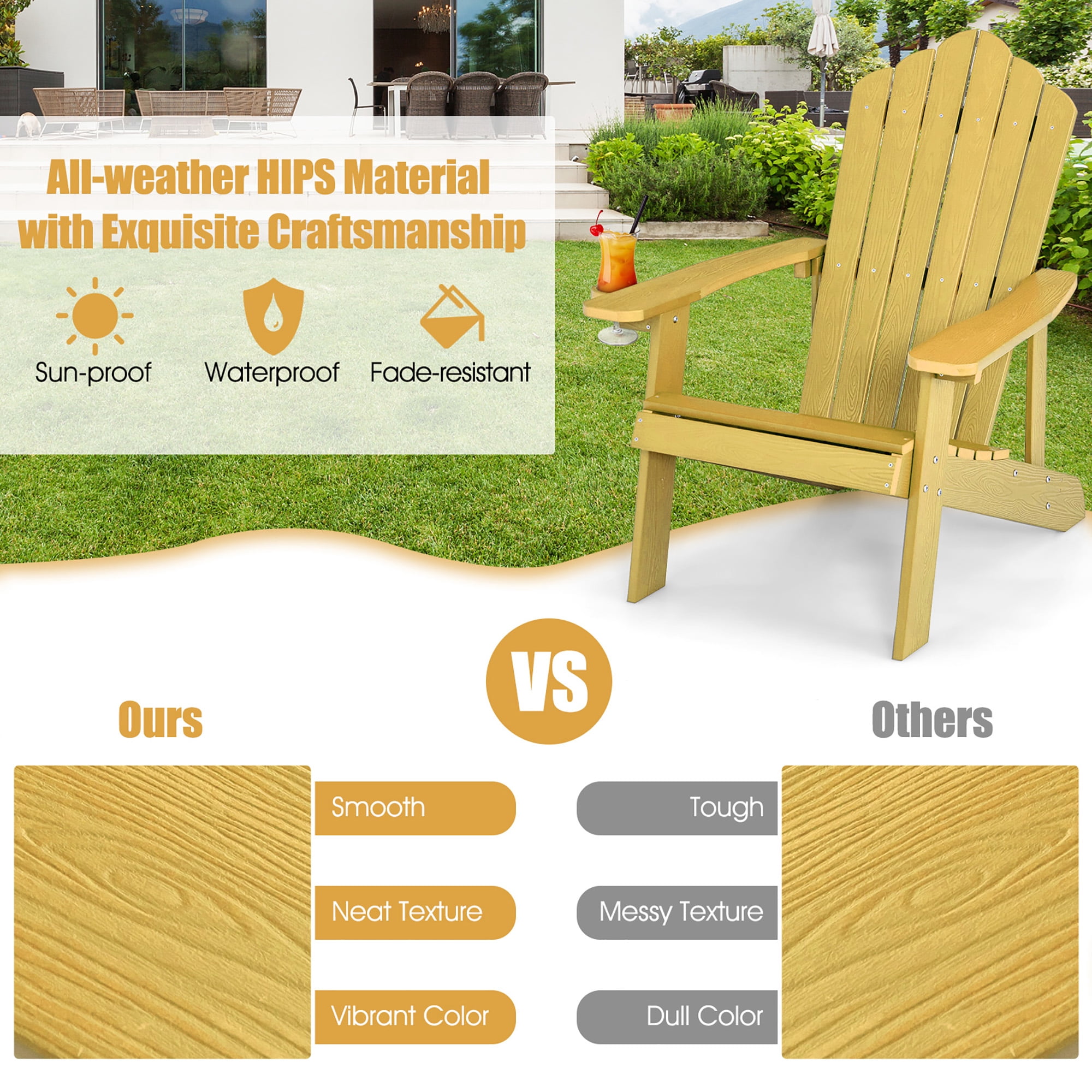 Costway Patio HIPS Adirondack Chair with Cup Holder Weather Resistant Outdoor 380LBS Yellow