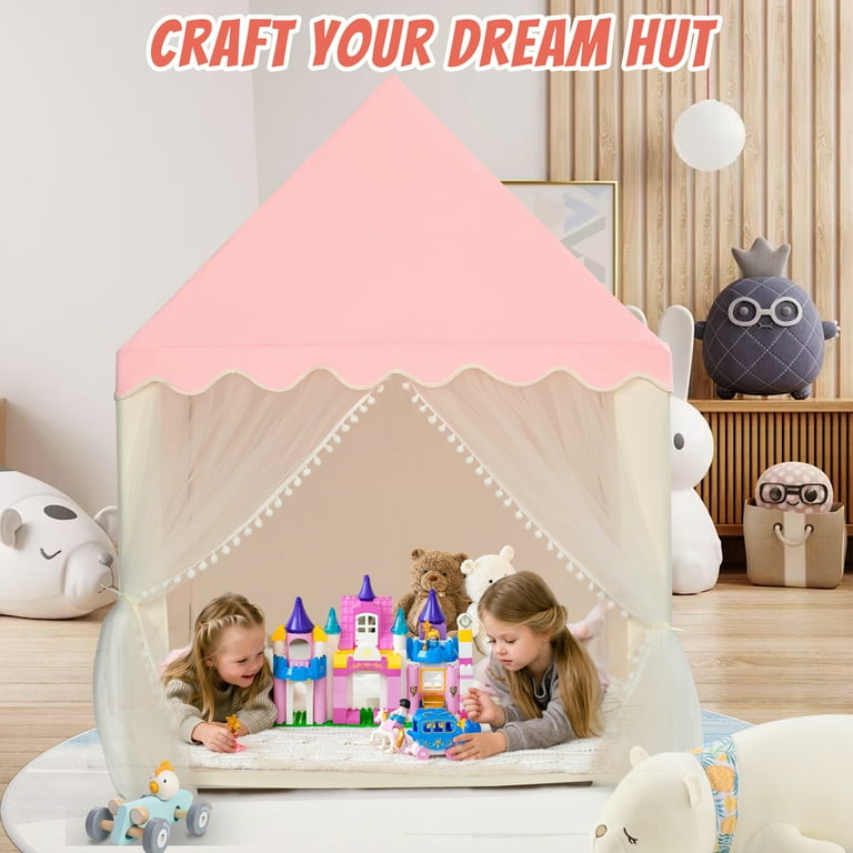 Kids Play Tent With Padded Mat, Kids Tents Indoor Playhouse For Toddler, Large Princess Castle Pompoms Play House Tent For Girl Bed Tents Toys For Boys Girl Birthday House Gift