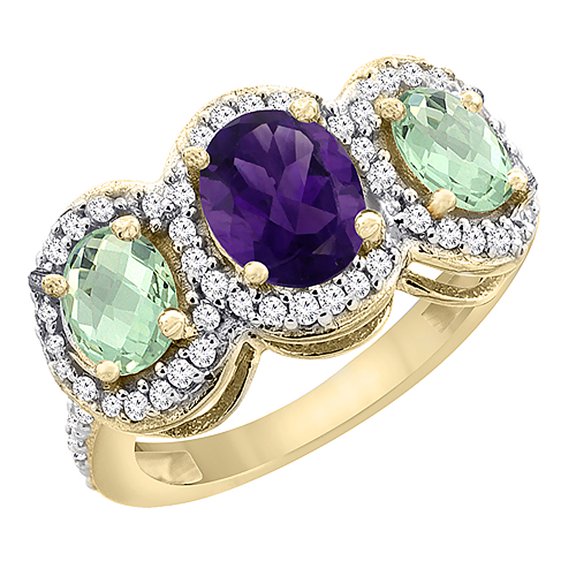 14K Yellow Gold Natural Amethyst & Green Amethyst 3-Stone Ring Oval Diamond Accent, size 5