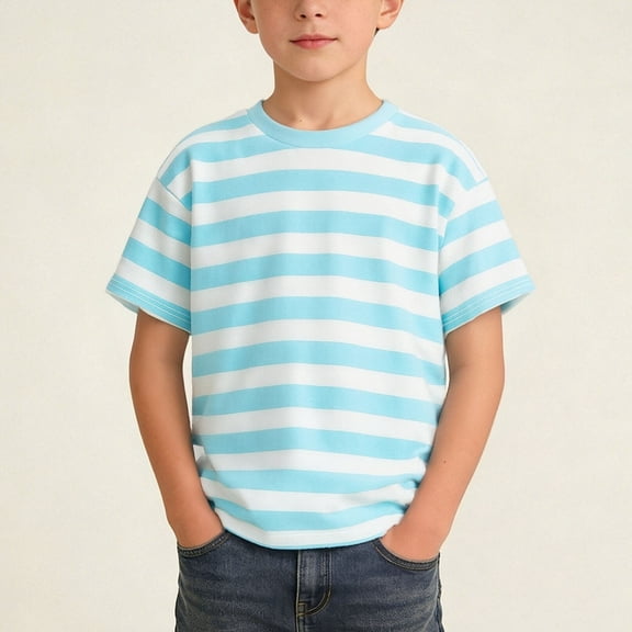 hengsof Boys' Stylish Striped Casual T-Shirt Summer Short Sleeve Round Neck Cotton Comfortable Top Versatile Everyday Shirt for Children 1-14Y