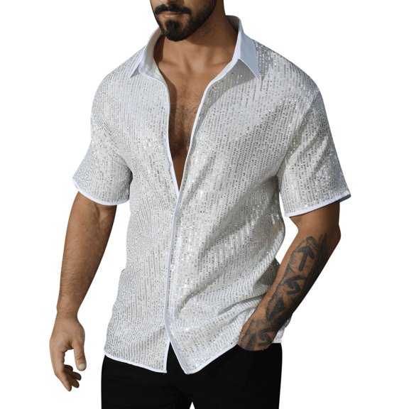 Aursykel Men's Vintage Sequin Shirt Short Sleeve Top for Men Fashion Button down Collared Shirts for Night Party