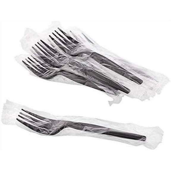 100 Individually Wrapped Black Heavy Weight Plastic Forks. Comfort and hygiene.