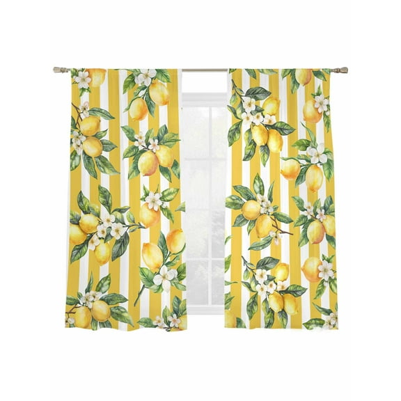 Summer Plant Sheer Curtains 63 Inch Long 2 Panels, Retro Lemon Floral Yellow Stripe Light Filtering Rod Pocket Semi Sheer Curtains, Sheer Voile Drapes for Living Room Bedroom, 52"x63"