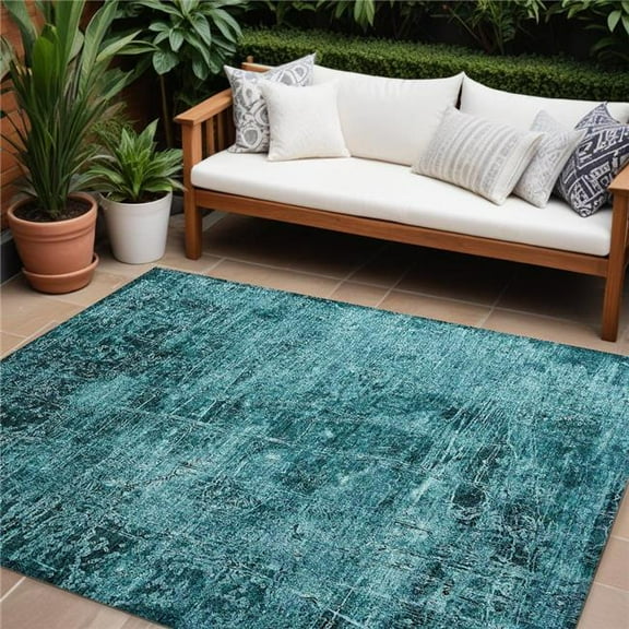HomeRoots 563157 8 x 10 ft. Teal Abstract Washable Non Skid Indoor Outdoor Rectangle Machine Woven Area Rug