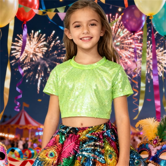 Girls' Glitter Metallic Crop Top T-shirt Short Sleeve Crew Neck Tee Top for Kids' Party Dance and Performance Wear Streetwear