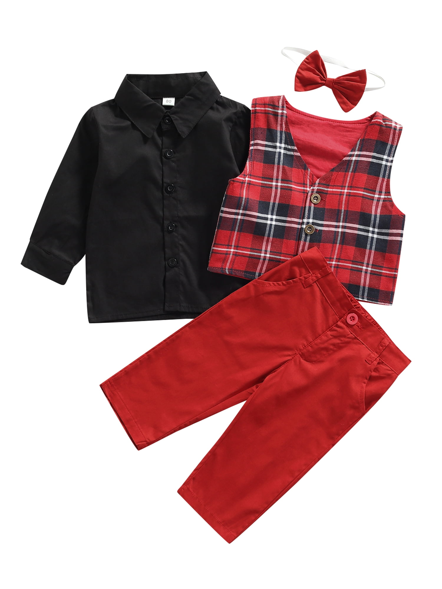 2 PC Handsome Outfits Suit Set Toddler Boys Lapel Plaid Tops Shirt Demin Pants Overall with Bowtie Gentleman Clothes 