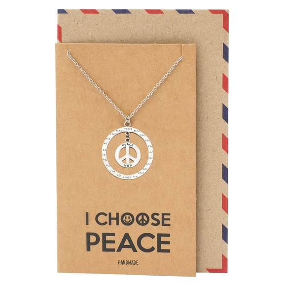 Quan Jewelry Peace in Circle Pendant Necklace with Inspirational Quote on Greeting Card