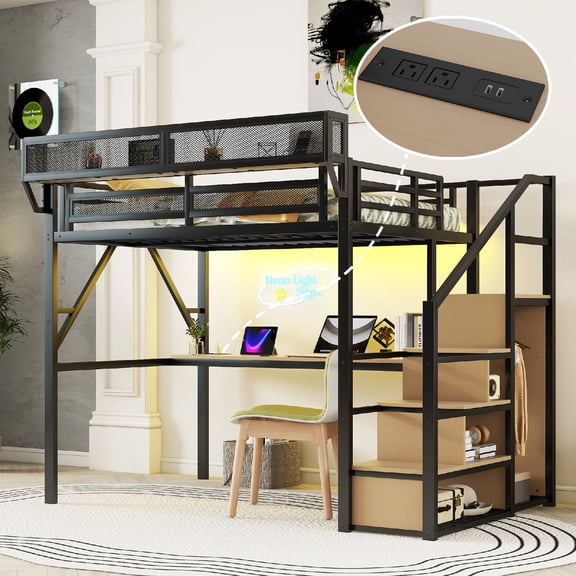 Full Size Loft Bed Frame with Build-in Desk and Charging Station, Metal Loft Bed with Stairscawse and LED Light for Bedroom, Apartment, Dorm, Easy Assembly, Mattress Not Included, Black