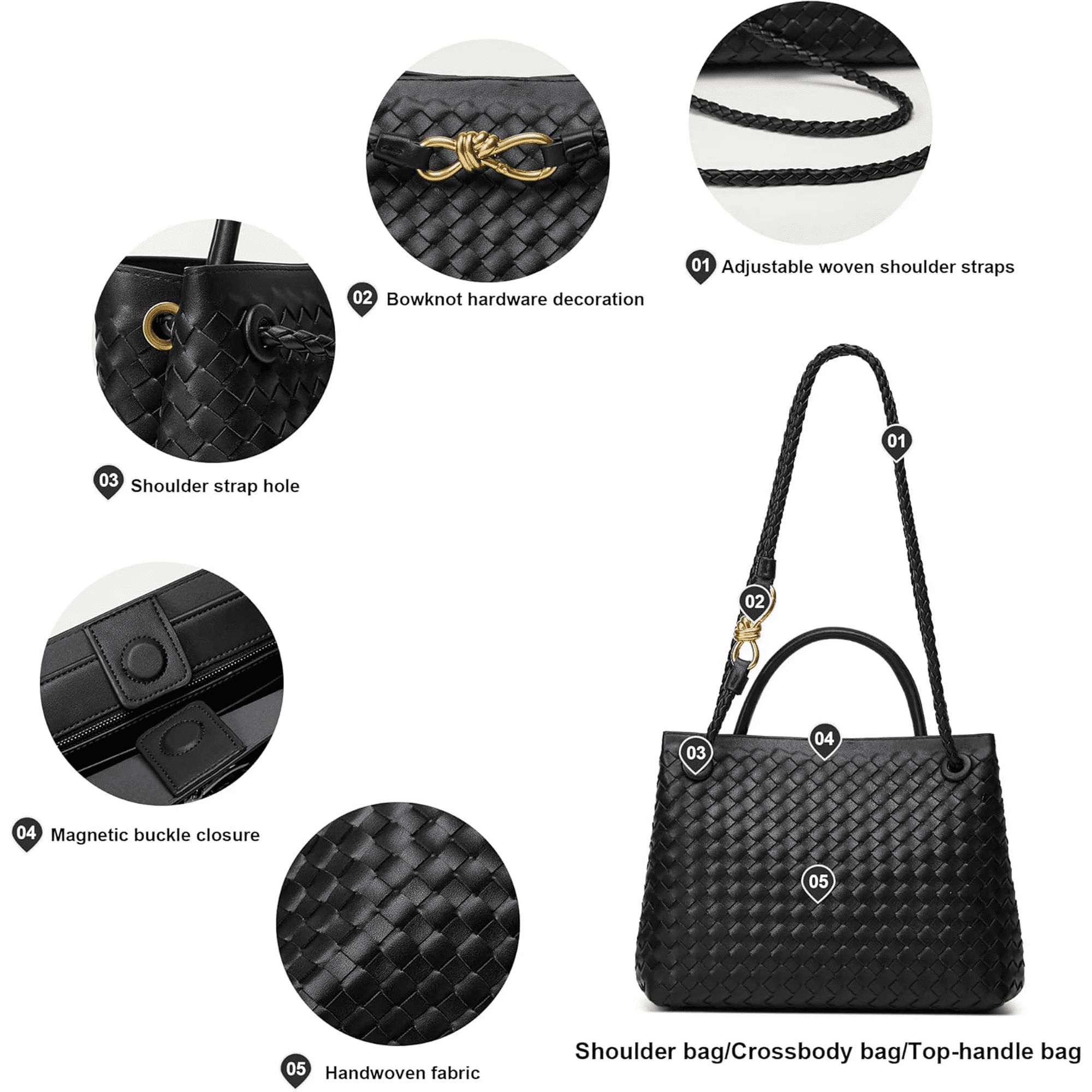 Large Tote Purse Woven Bag for Women Crossbody Handbag: Vegan Leather Small Tote Purse - Bowknot Satchel