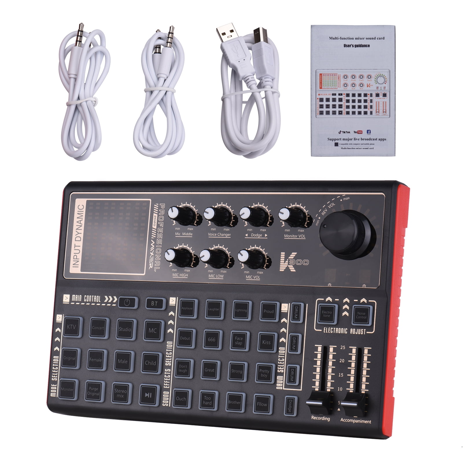 SK300 Live Audio Mixer Sound Card with Voice Changer - Built-in Rechargeable Battery and Multiple Sound Effects for Live Streaming, Music Recording, Gaming, and Karaoke on Smartphones or Computers