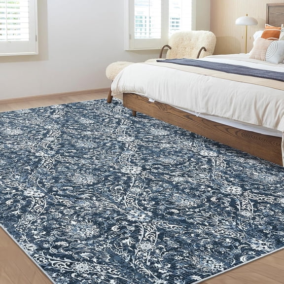 9x12 ft Vintage Washable Area Rug, Low Pile Non-Slip Faux Wool Rug for Living Room, Dining Room, Bedroom , blue