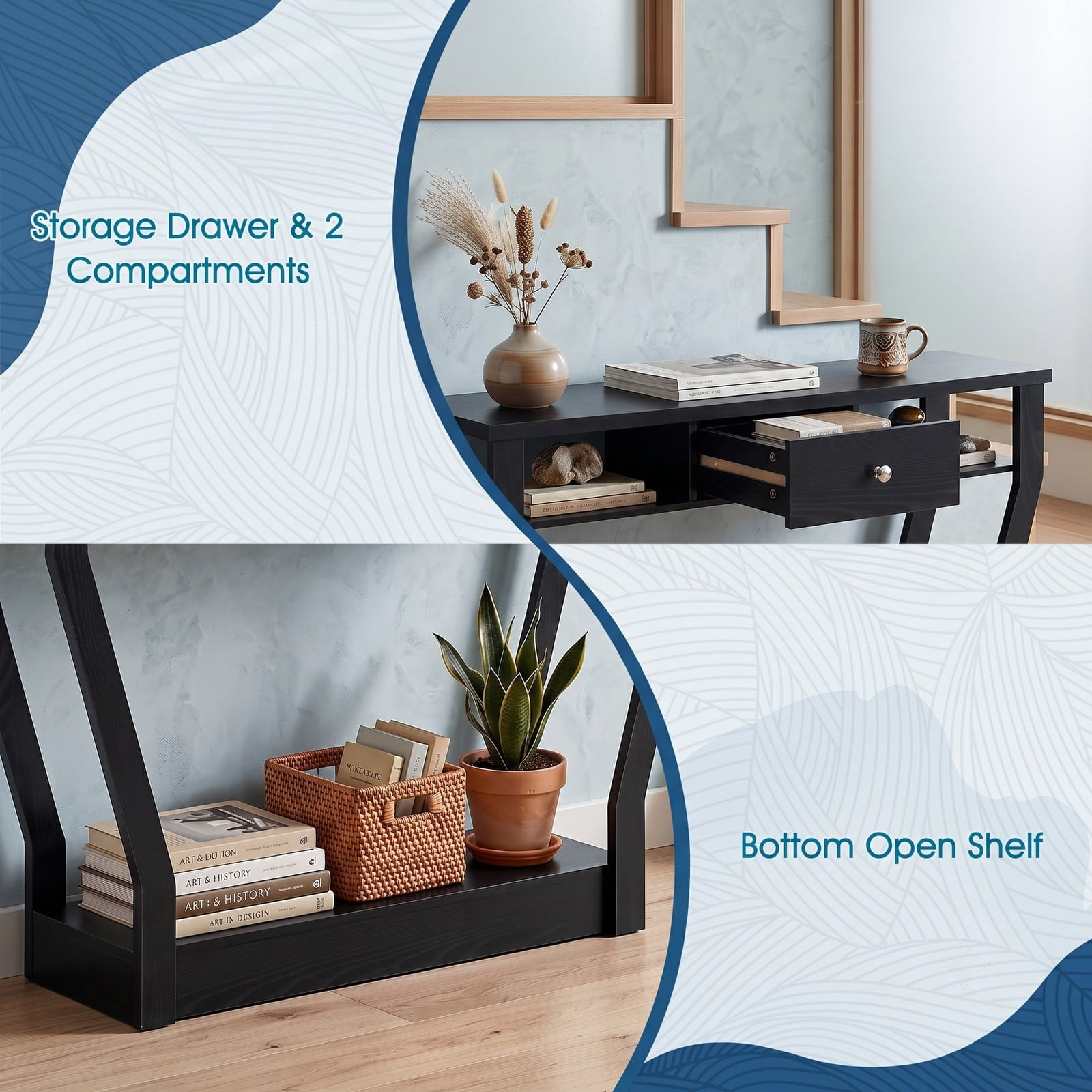 Furnibear Curved Frame Console Table with Storage Drawer and Open Shelves and Angled Legs for Entryway and Hallway, Black