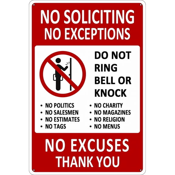 No Soliciting Funny Decor No Excuses No Exceptions Do Not Ring Bell - 8"x12" Metal Poster, Anti-Soliciting Humor Decor for Home Bar Kitchen Coffee Man Cave Garage