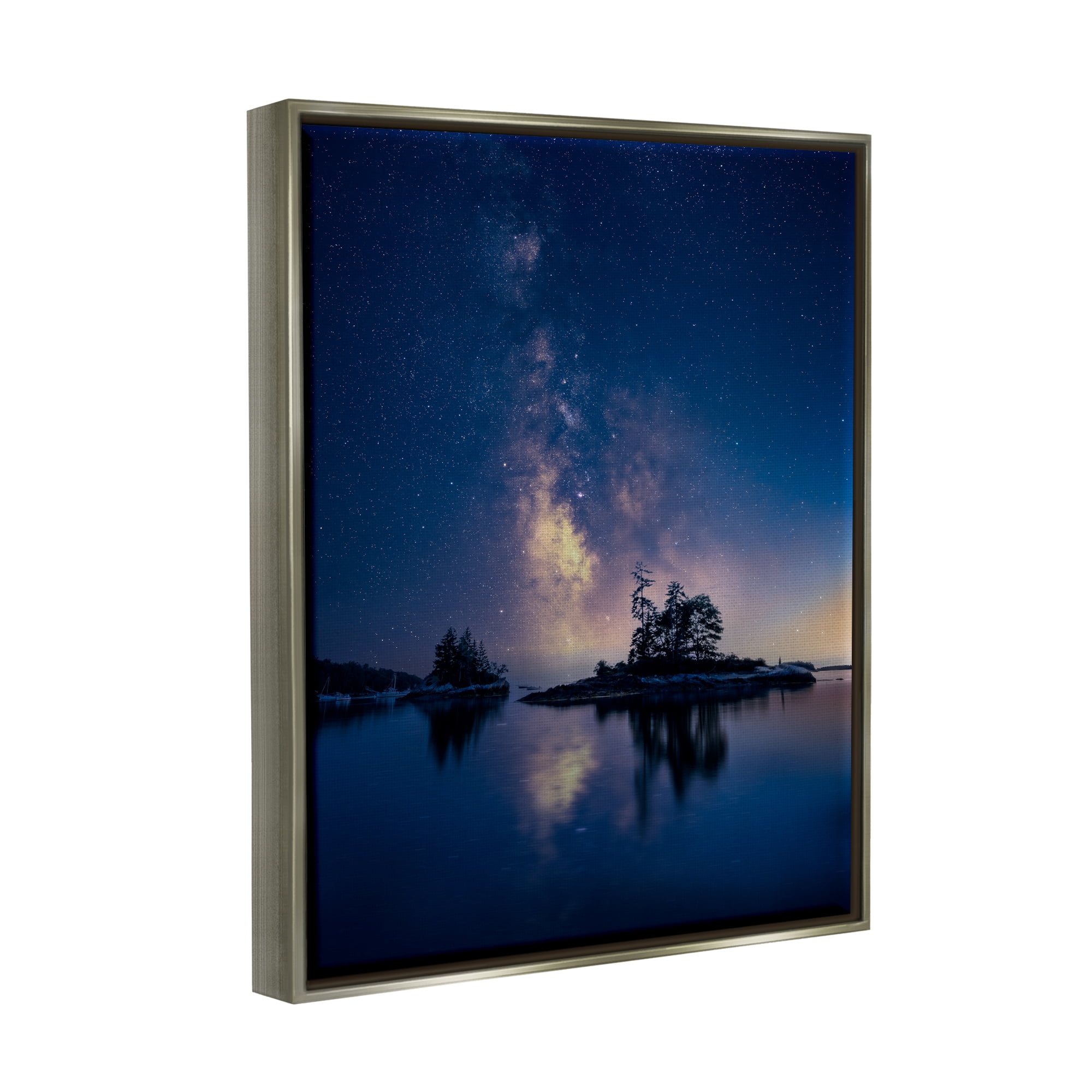 Stupell Night Stars Coastal Island Trees Landscape Photography Gray Floater Framed Art Print Wall Art