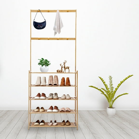 DENEST 5 Tiers Bamboo Shoes Storage Organizer  Clothes Holder Bag Hat Hanger 8 Hooks