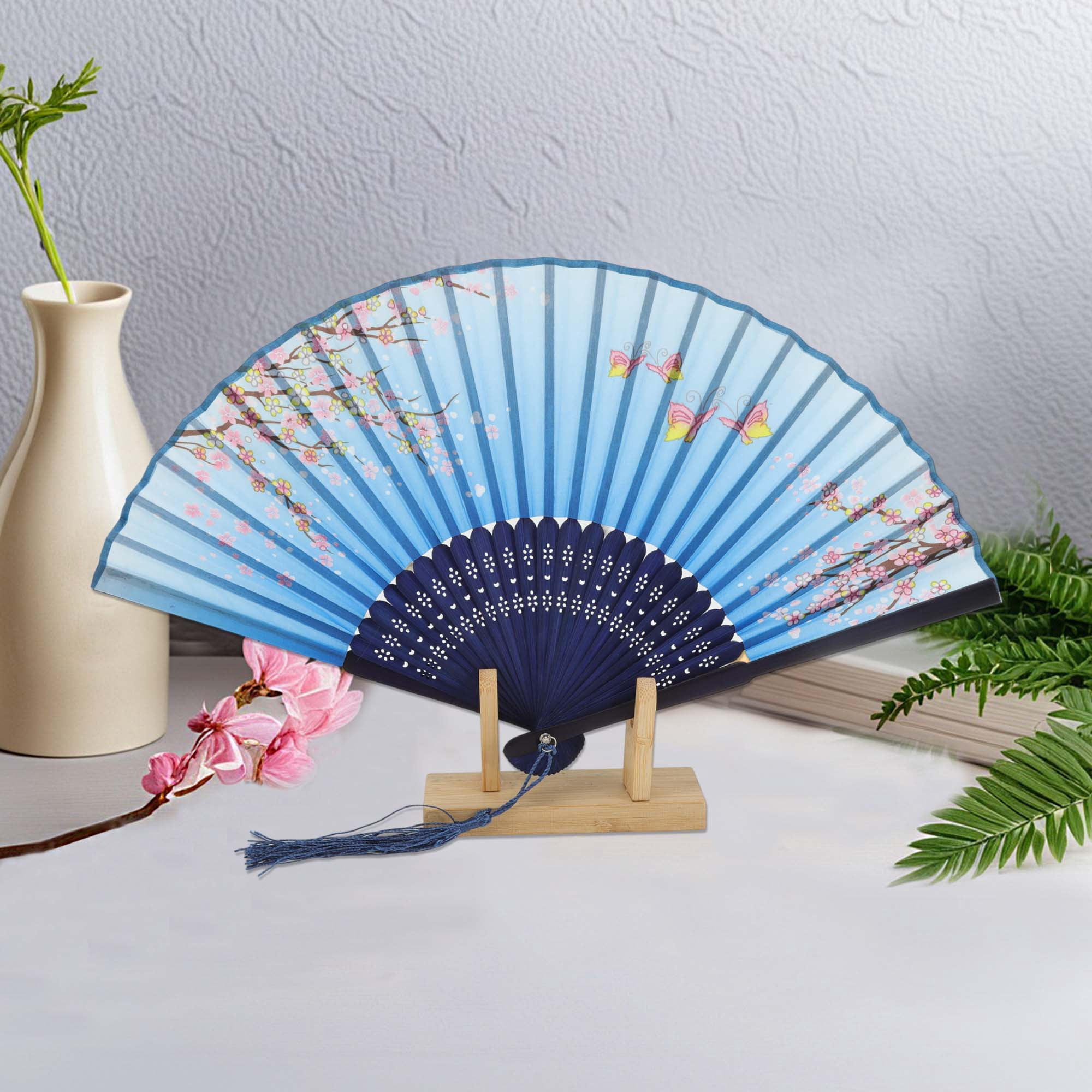 Unique Bargains Ancient Style Folding Fan 1Pc Blue [Butterfly Cherry Blossom Theme]