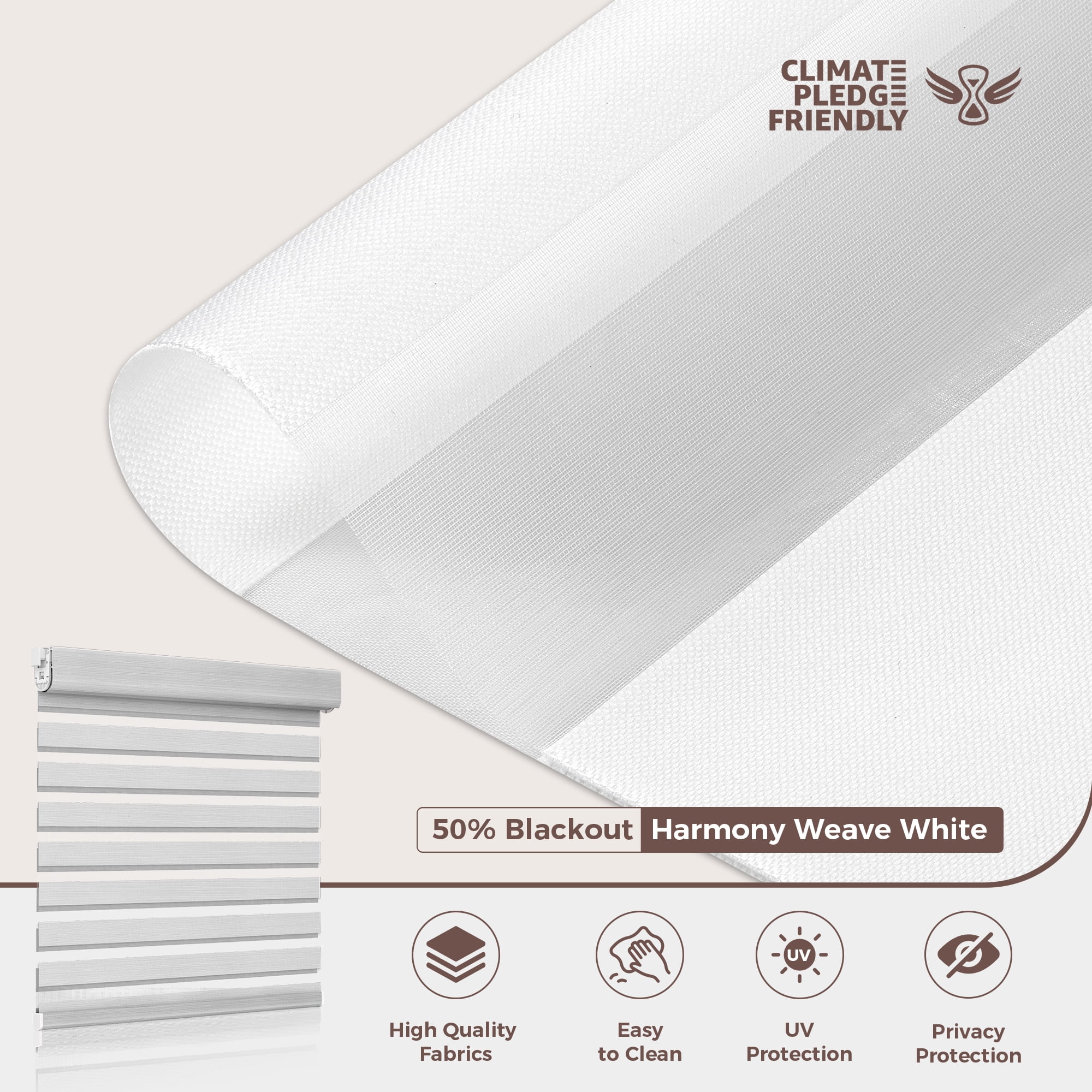 Allesin Zen No Drill No Tools Cordless Zebra Blinds, White, 34"Wx48"H