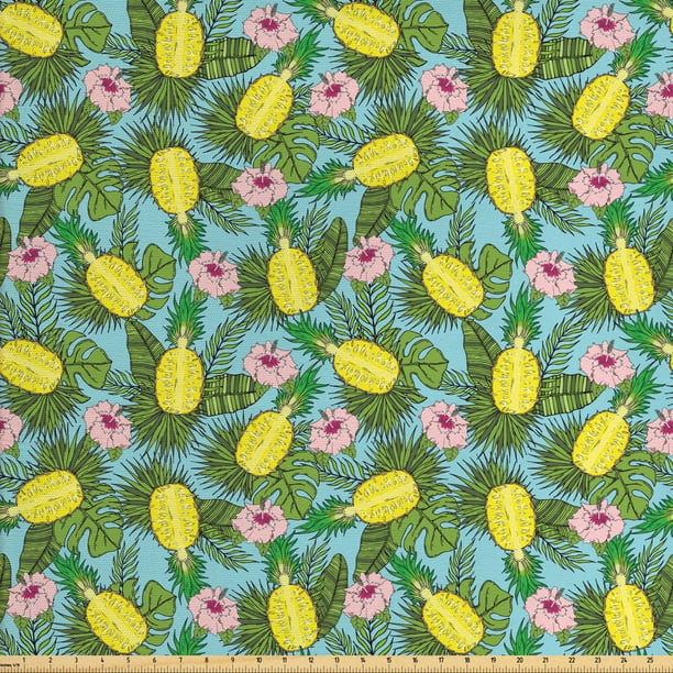Pineapple Fabric by The Yard, Pattern of Cut Tropical Fruits with