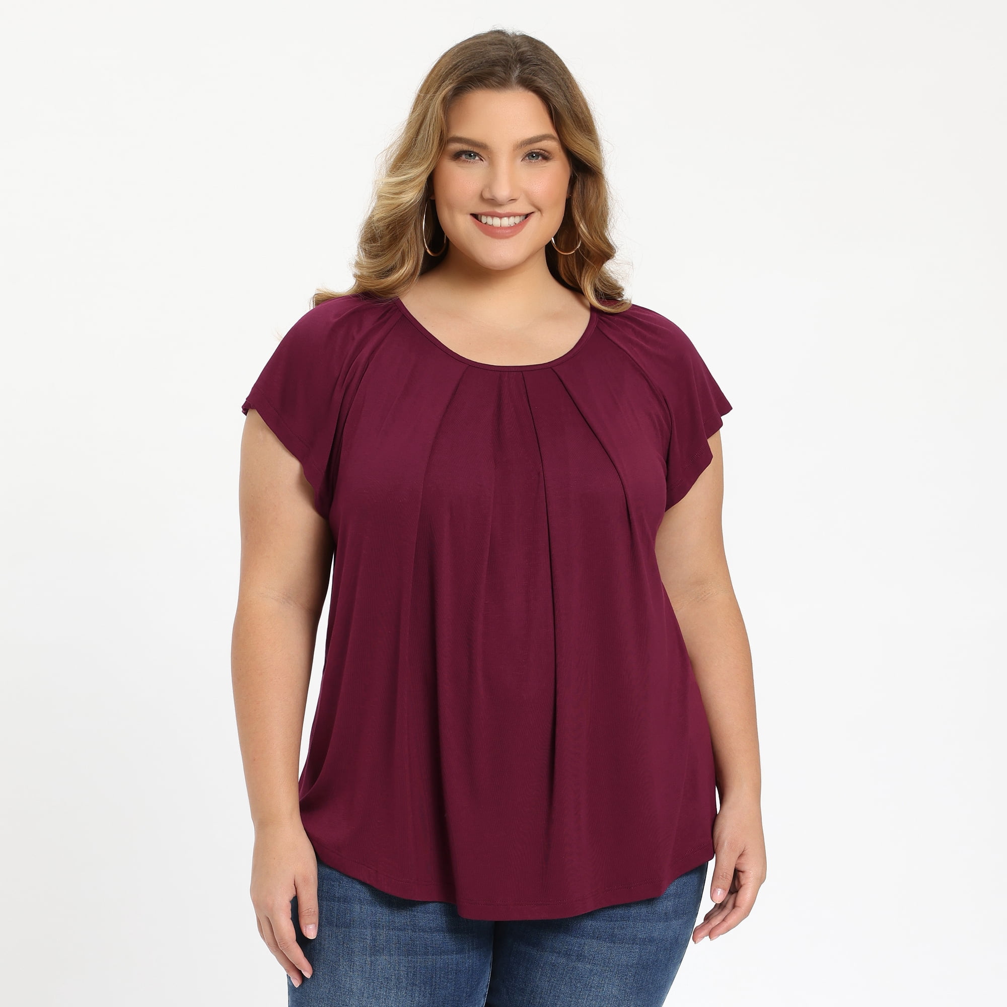 Women's Plus Summer Blouse Pleated Ruffle Sleeve Round Neck Loose Tops 4X Purple