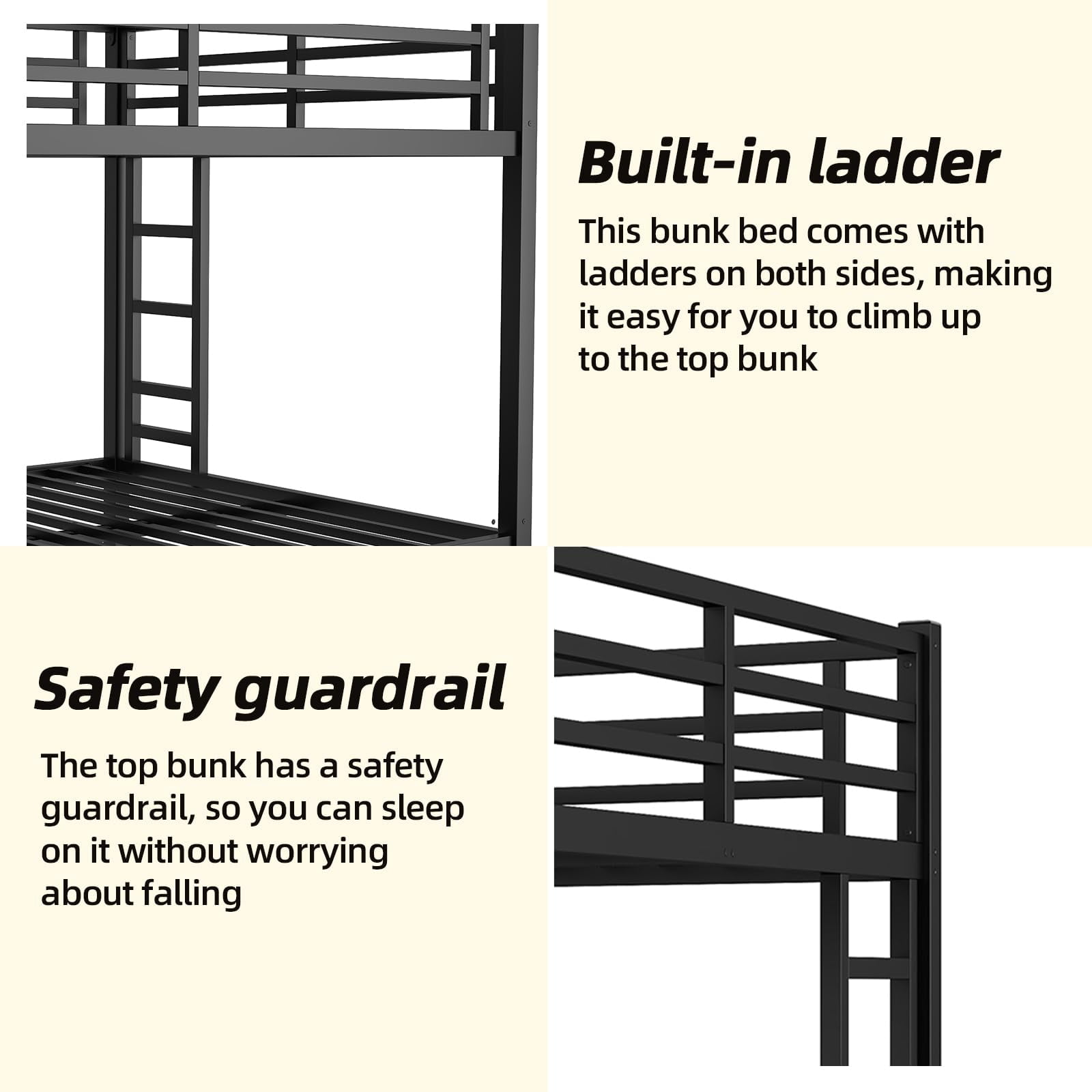Miniyam Queen over Queen Metal Bunk Bed, Heavy-Duty Steel Frame for Adults with Safety Guardrails, Black