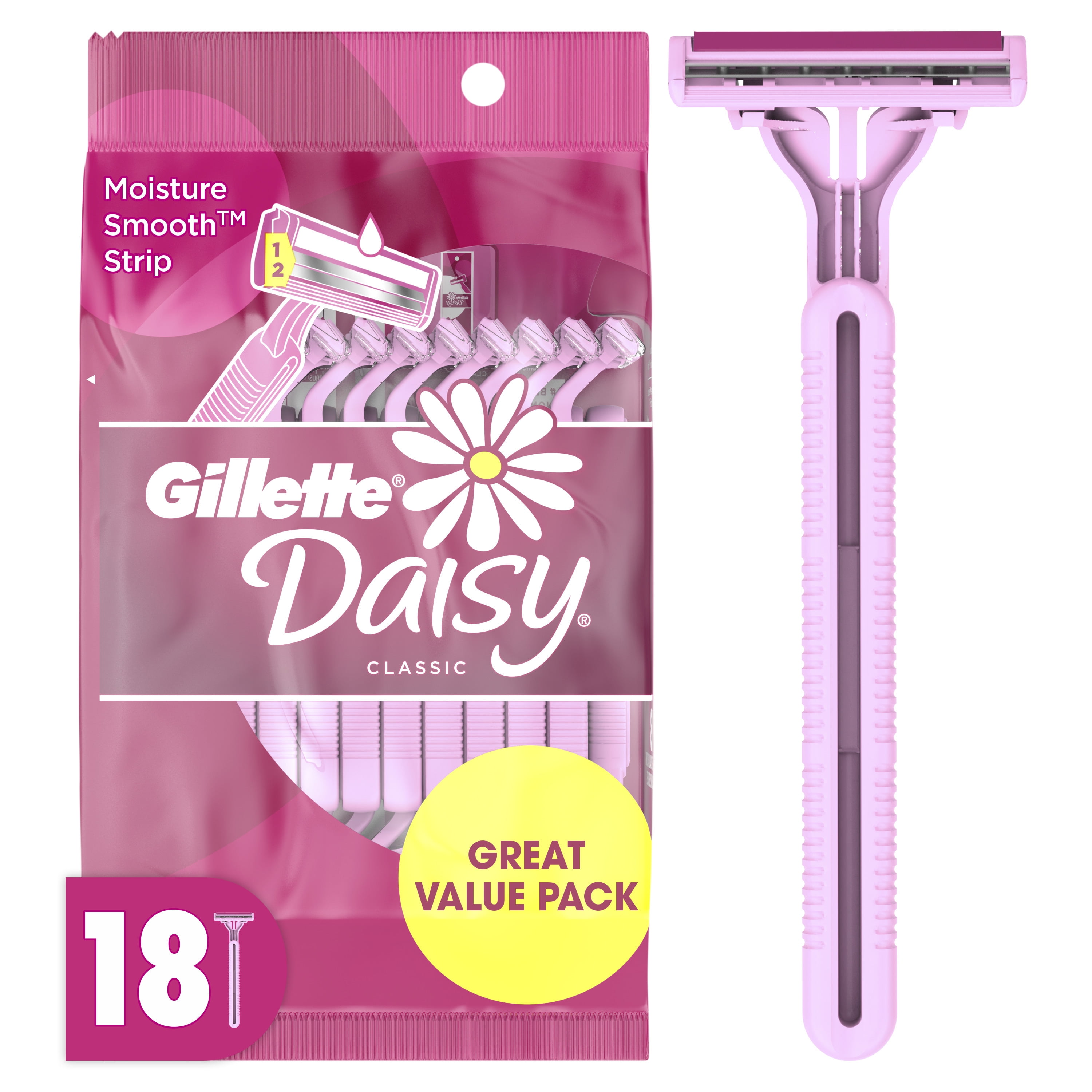 Daisy Gillette Disposable Razors for Women, 2-Bladed, 18 Count, Pink ...