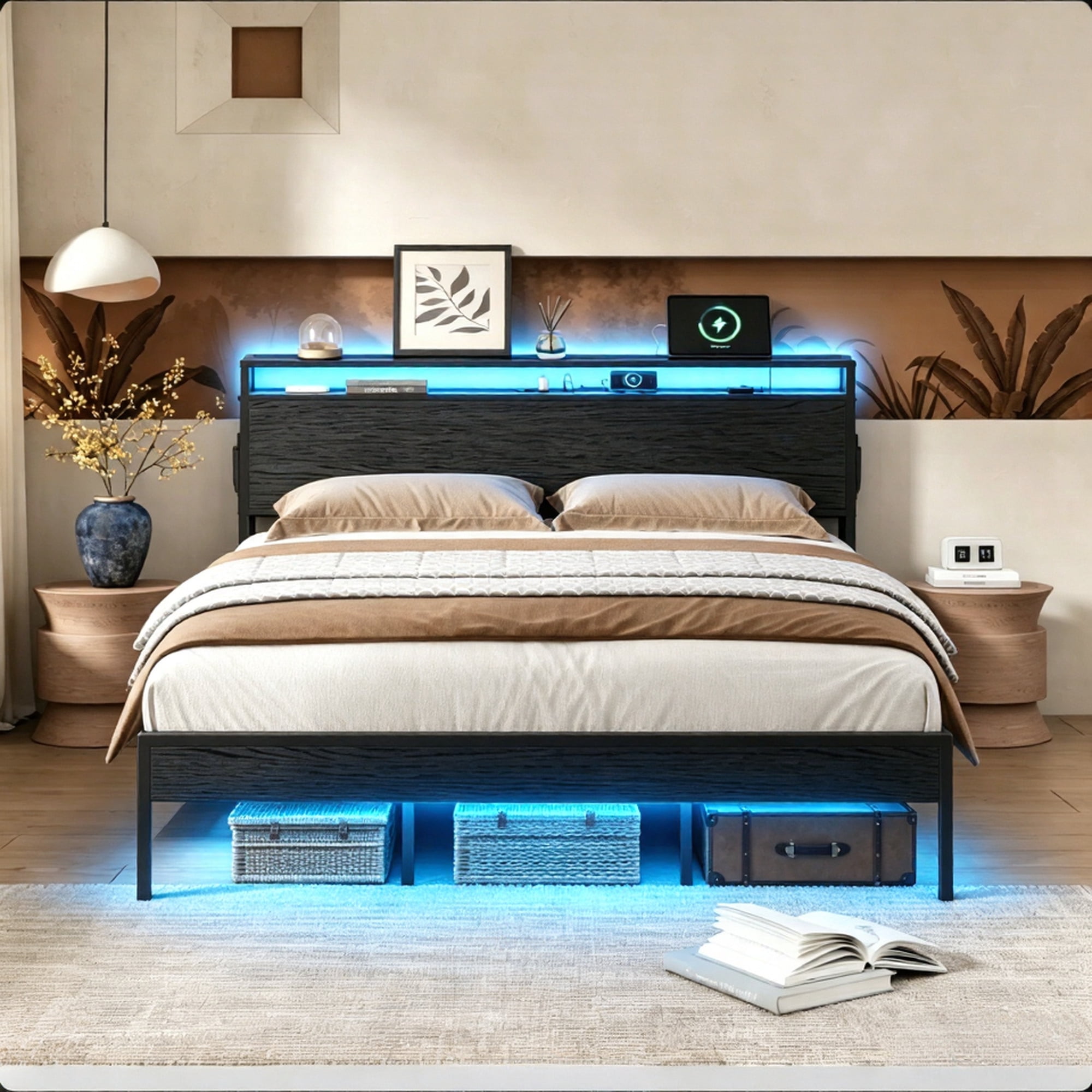 Bestier Full Size Bed Frame with Charging Station and 2 USB Ports and Outlets,LED Light Storage Headboard,Noise Free Design, Black