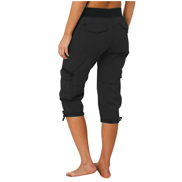 ★CERRIC★WAIST STRING CAPRI CARGO PANTS★1897★Black★人気 ShomPort Women's Elastic High Waisted Cargo Capri Pants