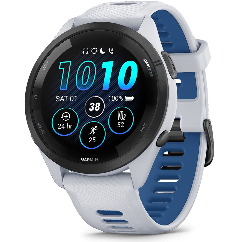 Garmin 010-02810-01 Forerunner 265 GPS Smartwatch Whitestone/Tidal Blue Bundle with Garmin Heart Rate Monitor Accurate Heart Rate & HRV Data Strap M-XL and Deco Essentials Collapsable Water Bottle
