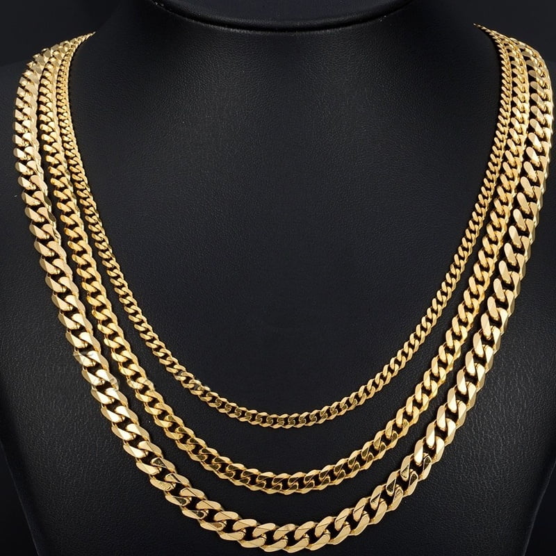 Concave Cuban link Chain Necklace Bracelet 5mm to 10mm Yellow 14K Gold Plated 