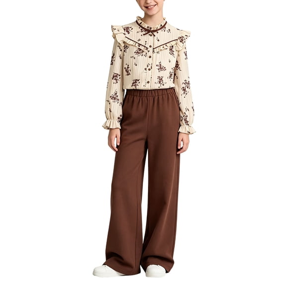 XKHAZA Girls Floral Ruffle Blouse and Wide Leg Pants Set, 2 Piece Outfit for Fall Spring & Family Outings