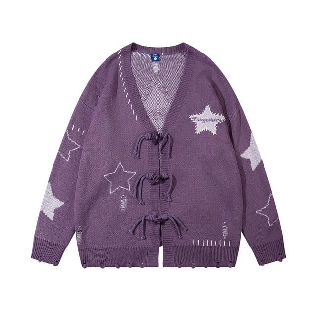Veste pull ample déchirée pour hommes, design étoile à cinq branches, style paresseux, bouton en corne, col en v, pull tendance