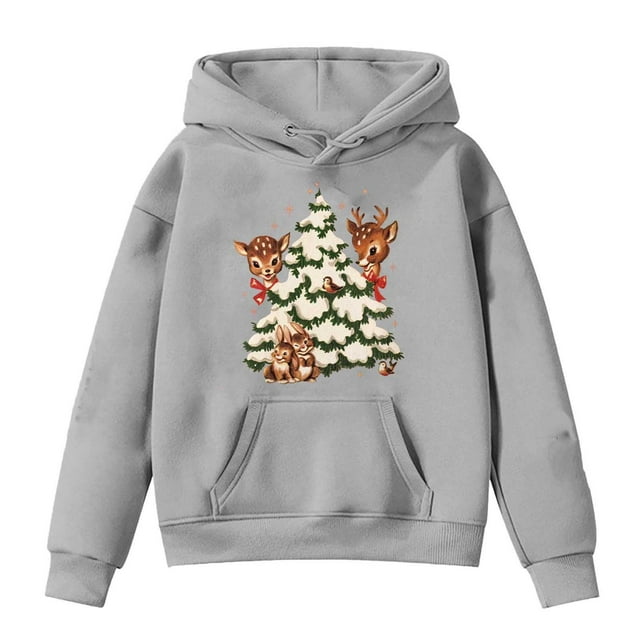 PMVFHDE Chandails à Capuchon et Chandails pour Filles Chandail Rétro de Noël avec Renne Haut Mignon Col Rond Chandail de Groupe Familial Tenue Preppy Gris, 11-12 Ans