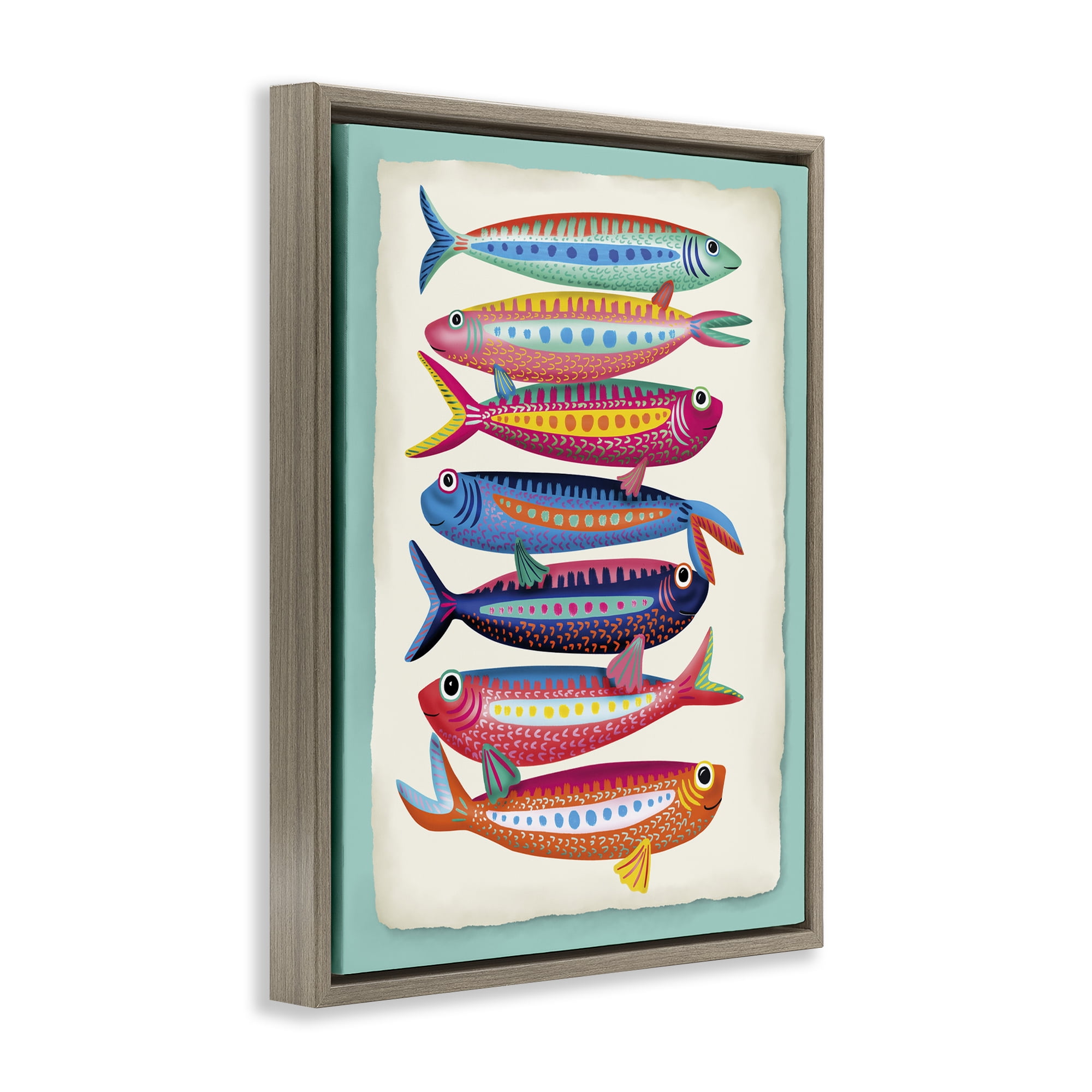 Stupell Industries Multi Hued Sardines Nautical & Beach Painting Brown Floater Framed Canvas Art Print Wall Art, 17 x 21