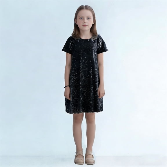 FAOWME Children Kids Girls Dress Short Sleeve Round Neck Solid Color Sparkling Sequin Comfortable Fashion Dresses For Daily Wear And Party,Black,4-5 Years