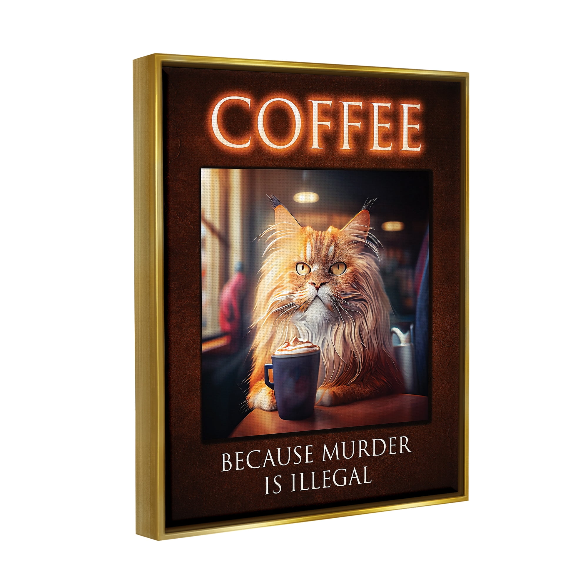 Stupell Industries Funny Cat Coffee Phrase Animals & Insects Painting Gold Floater Framed Art Print Wall Art, 17 x 21