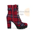 thumbnail image 3 of BLISSFUL STEP Women's Ankle Boots Plaid Combat Chunky Heel Lace-Up Platform High Heel Buckle Boots Red 7, 3 of 6