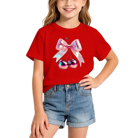 Girls Short Sleeve T-Shirts Kids Cute Graphic Basic Tees Fashion 2026 Summer Crewneck Tops