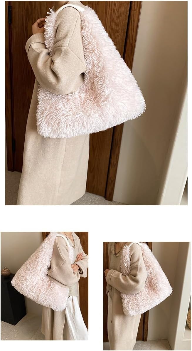 Faux Fur Hobo Shoulder Bag Furry Handbag Purse for Women Winter Y2k Fuzzy Plush Shoulder Tote Bag for Work Shopping