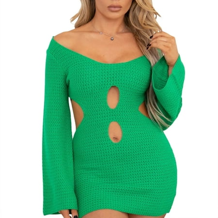 Lizynuty Women s Knit Beach Cover Up Dress Long Sleeve Off Shoulder Bikini Cover Up Hollow Bathing Suit
