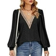 thumbnail image 2 of Womens Casual V Neck Puff Sleeve Tops Lace Patchwork Breathable Soft Comfy Long Sleeve Pullover Loose Mesh Shirt, 2 of 6