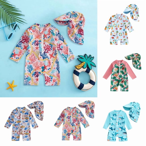 Krdevn Baby Boys UPF50 Long Sleeve One Piece Rash Guard Swimsuit with Matching Sun Hat Cute Cartoon Print Swimwear Size:3-6 Months