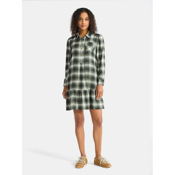 Time and Tru Women's Plaid Mini Dress with Long Sleeves, Sizes XS-XXXL