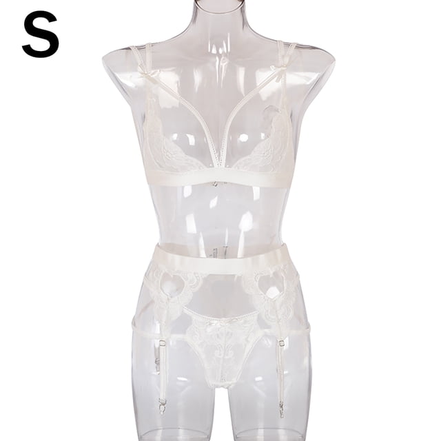 Conjunto de ropa interior de encaje floral de 3 piezas para mujer, sujetador sexy, bragas, liguero, blanco, S Scienceny XX000052-04