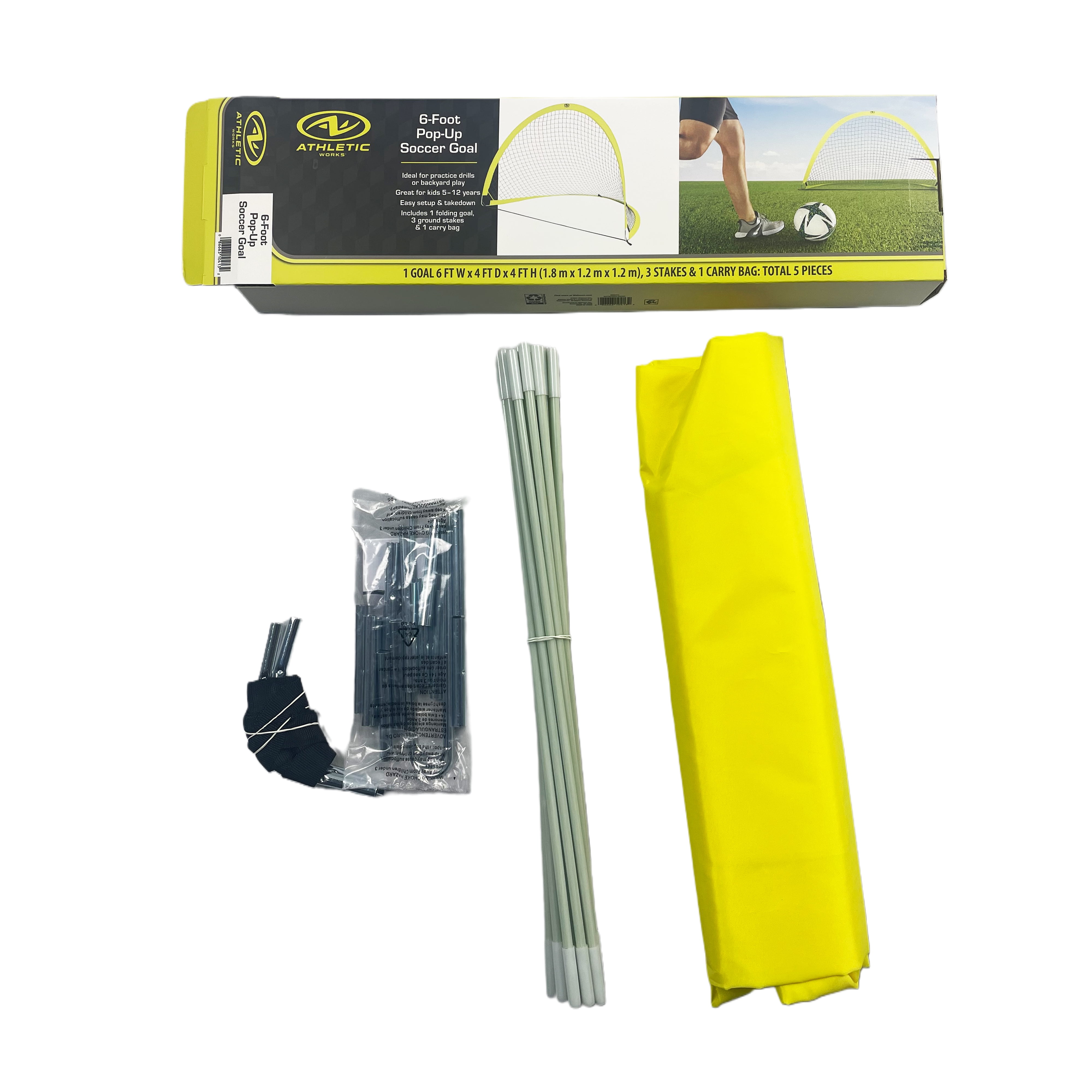 Athletic Works 6ft Portable Pop up Soccer Net with Carry Bag, Yellow and Black